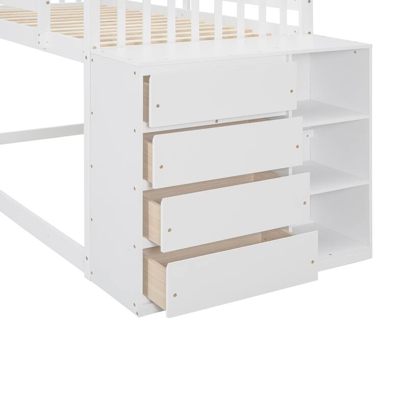 Floor Bunk Bed with Movable Storage Cabinet, Solid Wood Bunkbeds Frame