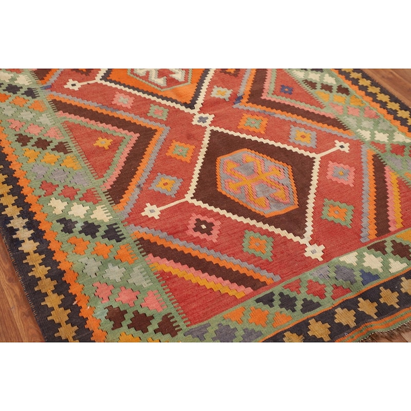 Kilim Qashqai Persian Vintage Rug Flatweave Orange Wool Carpet - 5'0"x 8'11"