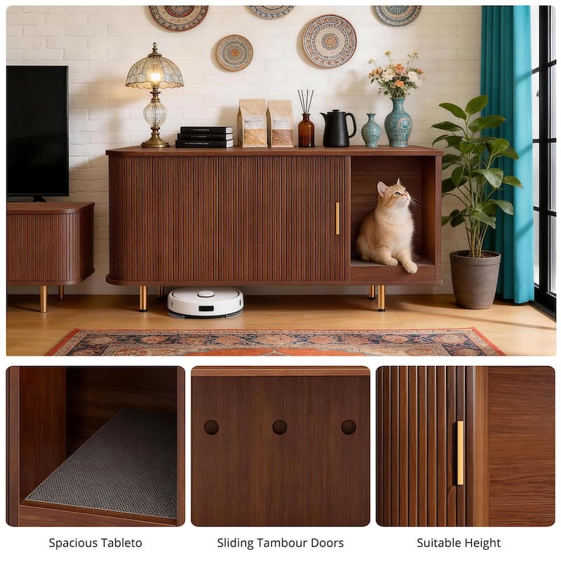 38.5" Cat Litter Box Enclosure with Scratch Pad and Sliding Door,Cat Hidden Litter Box Cabinet,Modern Indoor Cat House,TV Stand