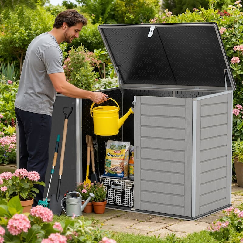4.6 ft. W x 2.7 ft. D Horizontal Outdoor Plastic Storage Shed, Trash Can Storage Cabinet with 3-Doors - Grey