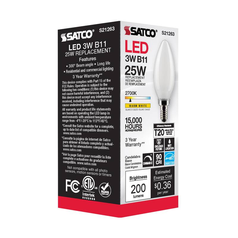 3 Watt B11 LED - Frost - Candelabra base - 90 CRI - 2700K - 120 Volt