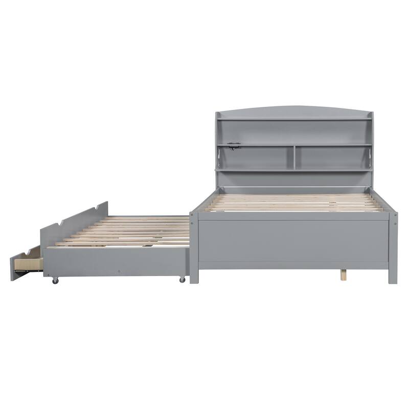 Wooden Platform Bed with Pull Out Trundle Bed and Drawers, All-in-One LED Headboard with Charging Station and Flip Up Storage