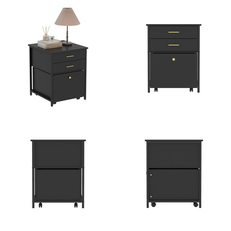 Modern 2-Drawer Nightstand Wooden Beside End Table with Rolling Cart