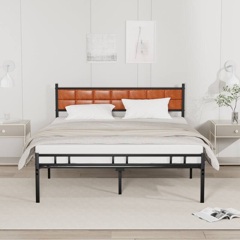 Javlergo Metal Bed Frame with PU Upholstered Headboard, No Box Spring Needed