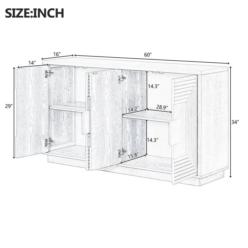 4 Door Classic Geometric Patterned Sideboard Cabinet with Adjustable Storage and Cable Management for Versatile Home Use