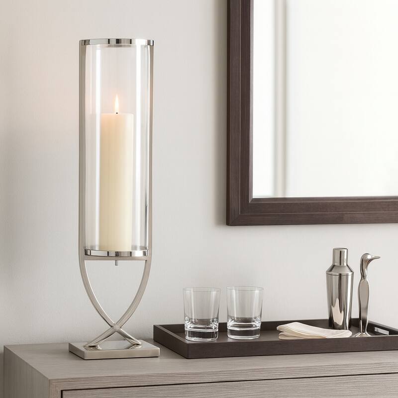 Modern Glass Pillar Candle Holder Decorative Lantern with Steel Frame