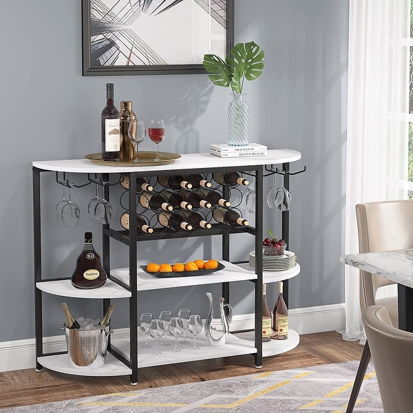 Black Metal Finish and Marble Look Top with 15 Bottle Holder Wine Organizer Rack with Shelf Kitchen and Wine Glass Holder 