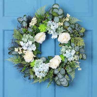 Hydrangea Rose Geranium Artificial Floral Spring Wreath White Blue 24"
