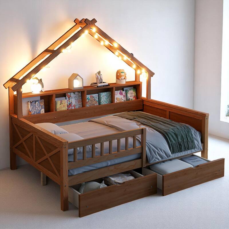 Full House Platform Bed Frame with LED, 2 Drawers, Shelves, Pine Wood & MDF Construction