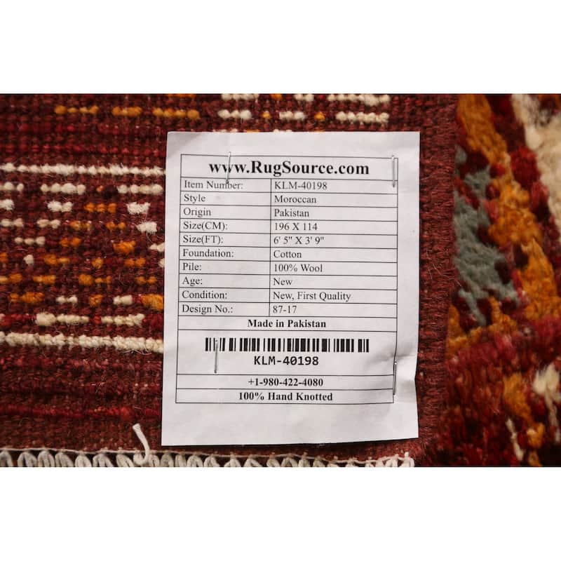 Red Geometric Moroccan Oriental Rug Hand-Knotted Wool Carpet - 3'9" x 6'5"