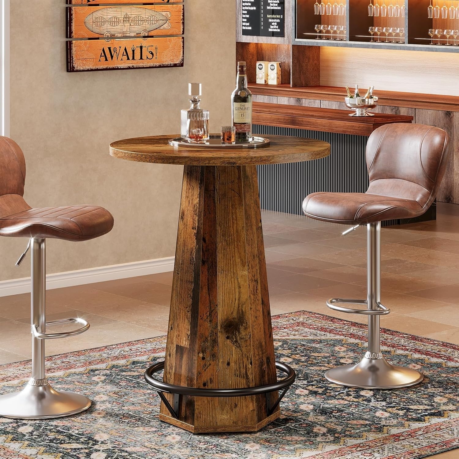 Round Bar Pub Table, 39.4" H Bistro Cocktail Table with Metal Footrest