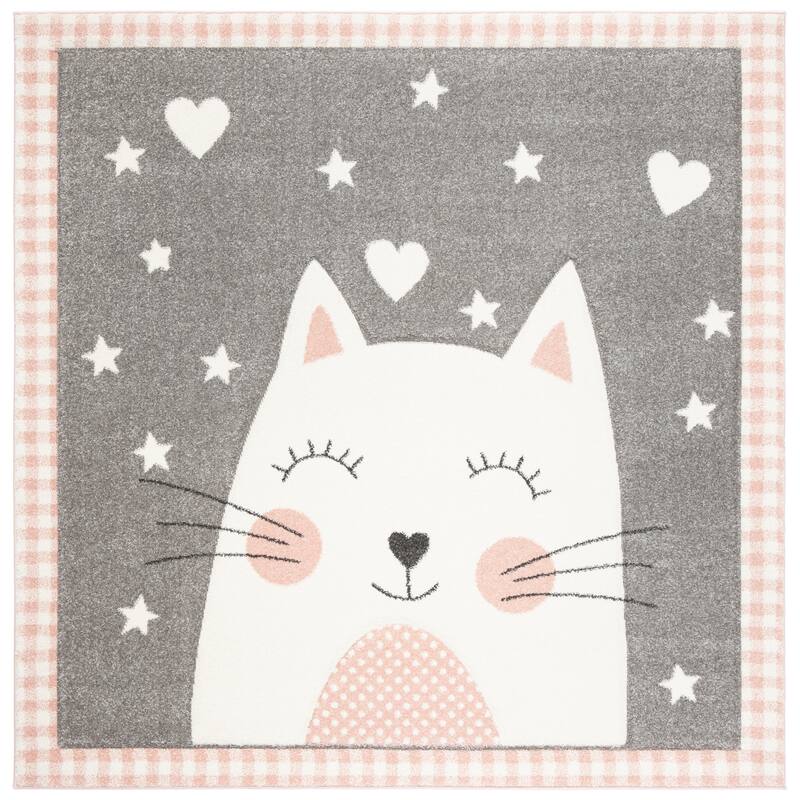 SAFAVIEH Carousel Kids Yuha Cat Rug - 3' Square - Pink/Grey
