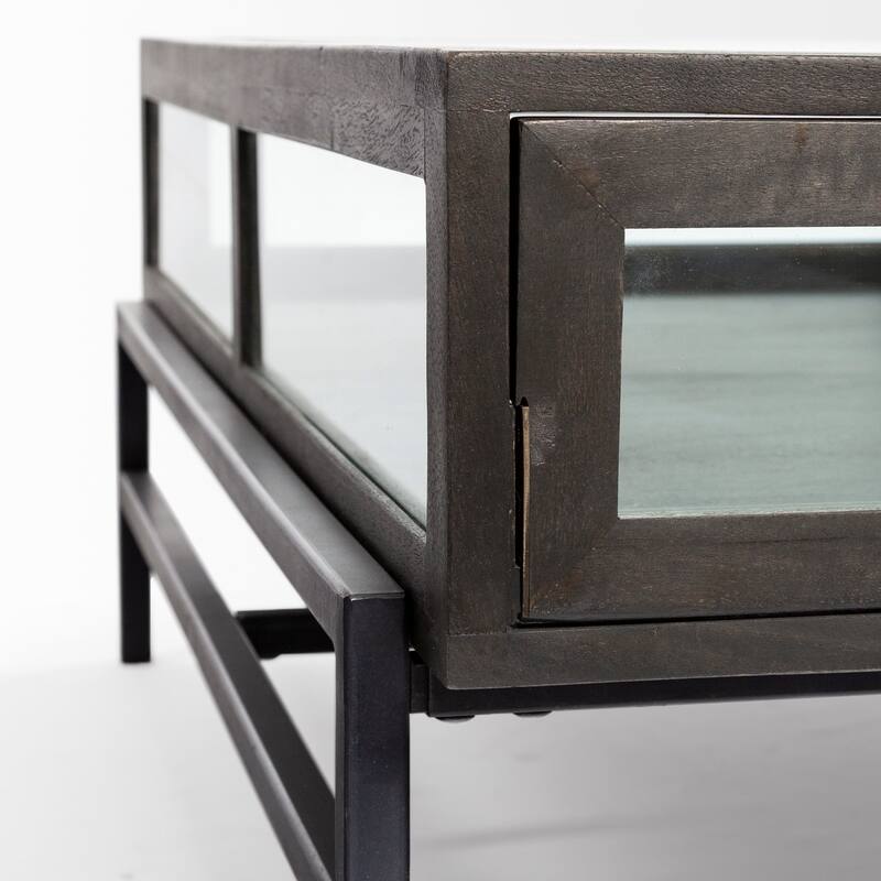 Arelius Light Brown Solid Wood w/ Black Iron Base Square Display Coffee Table