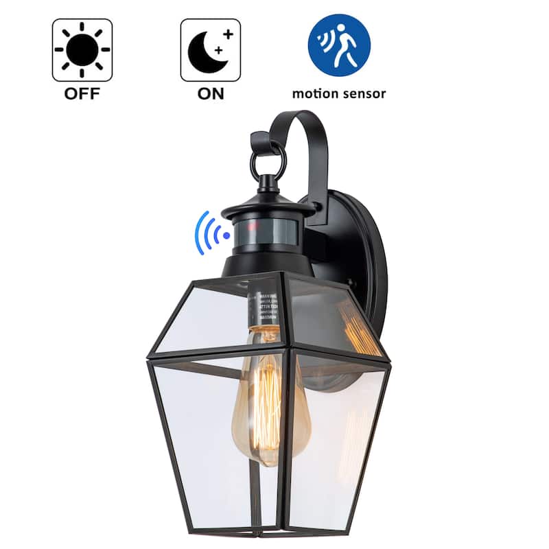 1-Light Black Metal and Copper Motion Sensing Dusk to Dawn Outdoor Wall Lantern