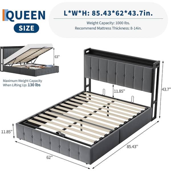 dimension image slide 3 of 12, Bed Frame with Lift Up Storage, Upholstered Velvet Platform Bed with Storage Headboard