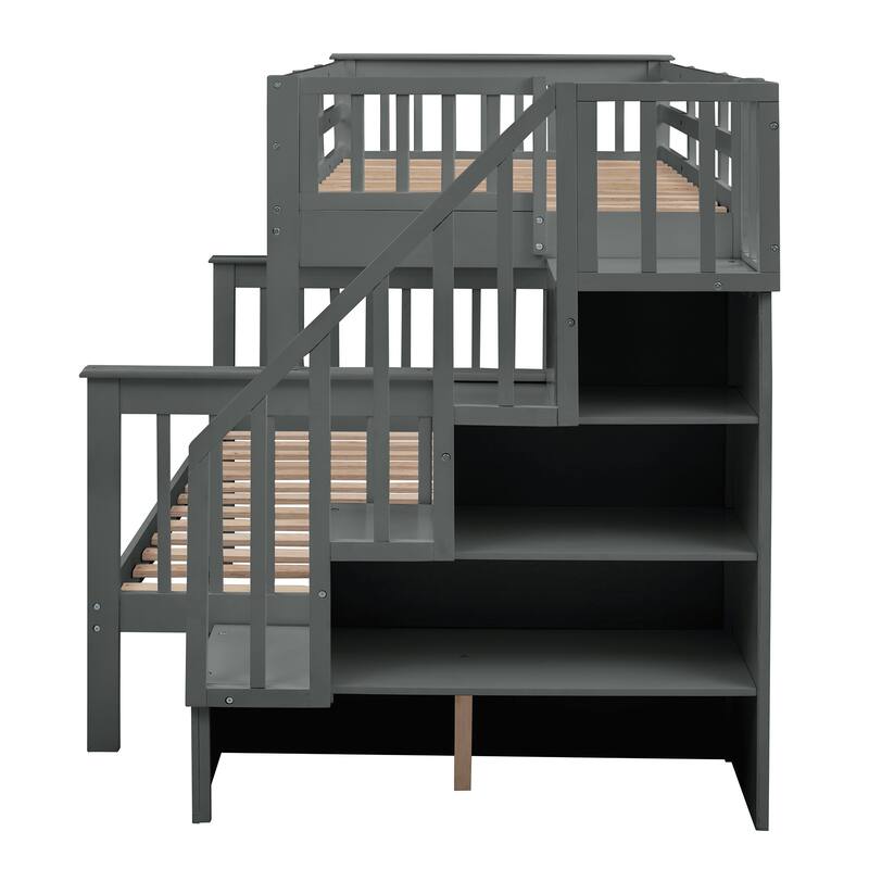 Twin-Over-Full Bunk Bed with Storage Stairs, Guard Rail & Trundle, Gray Finish, No Box Spring Needed