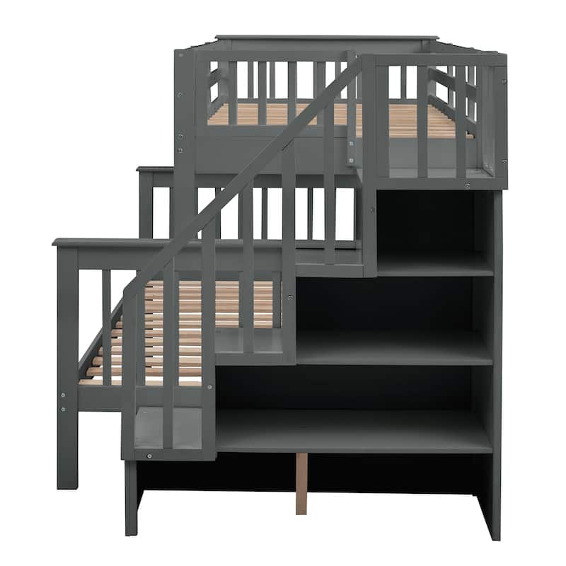 Twin-Over-Full Bunk Bed with Storage Stairway and Twin Trundle, Solid Pinewood Bunk Bed Frame, Divided Into 2 Individual Beds
