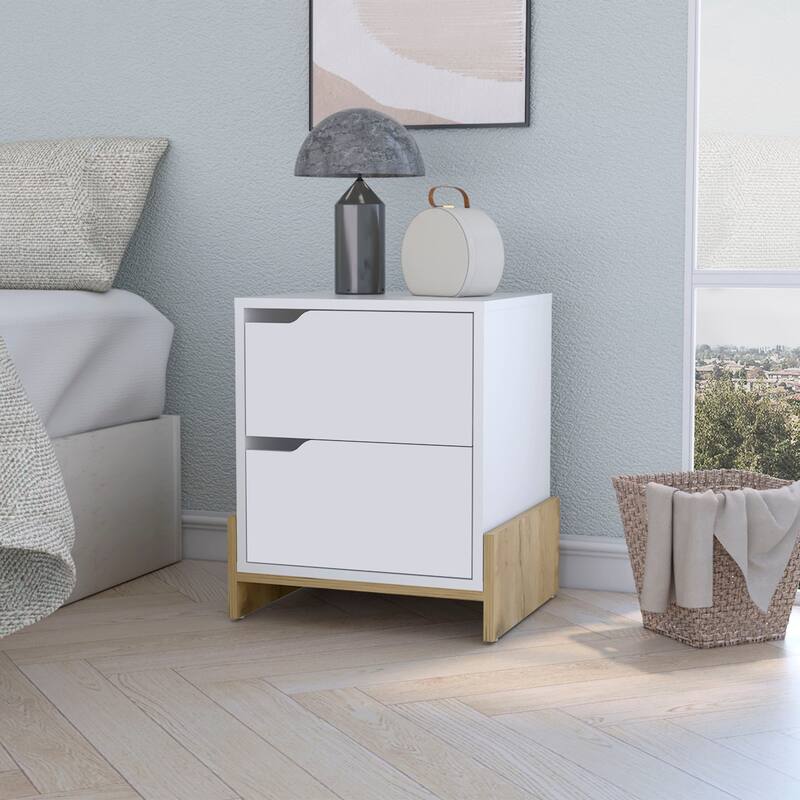 Ralston 2-Drawer Nightstand in White and Macadamia，Suitable for bedrooms,living rooms,apartments - White - 2-drawer