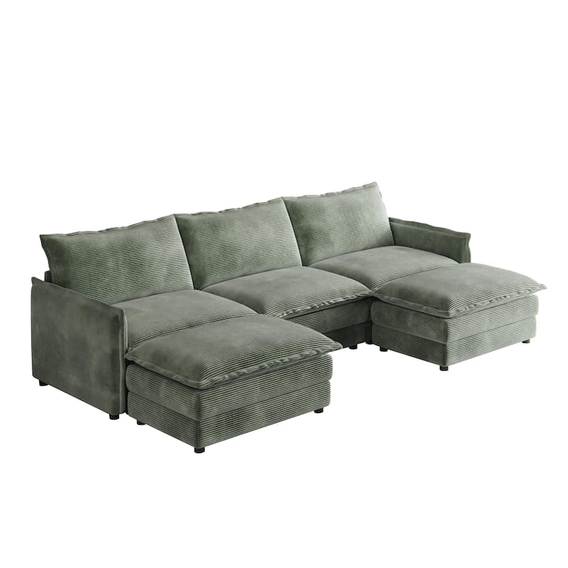 Living Room U-shaped Sectional Sofa with Chaise Corduroy Fabric Upholstered Deep Seat 3 Seater Couch with 2 Ottomans