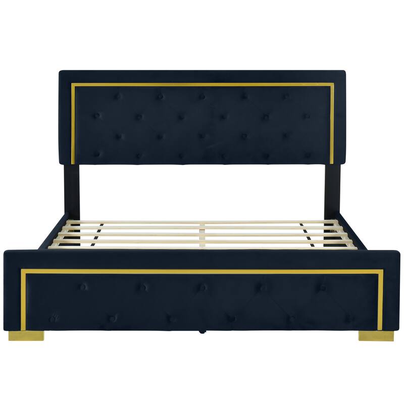 Velvet Upholstered Platform Bed With Pull Point Headboard And Metal Wire Frame