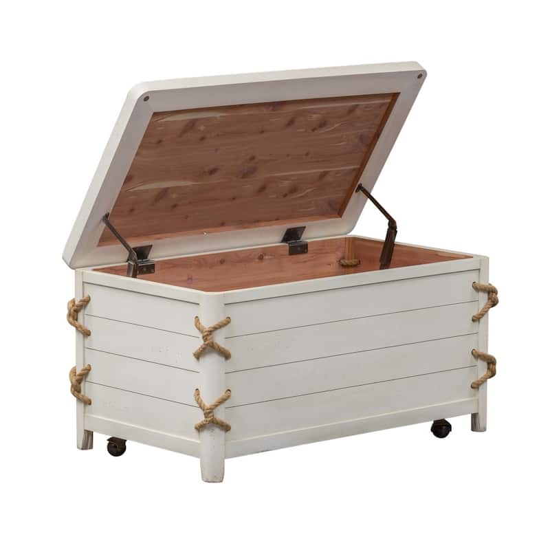 Dockside White Storage Trunk with Cedar Lining, Rope Accents, Wheeled