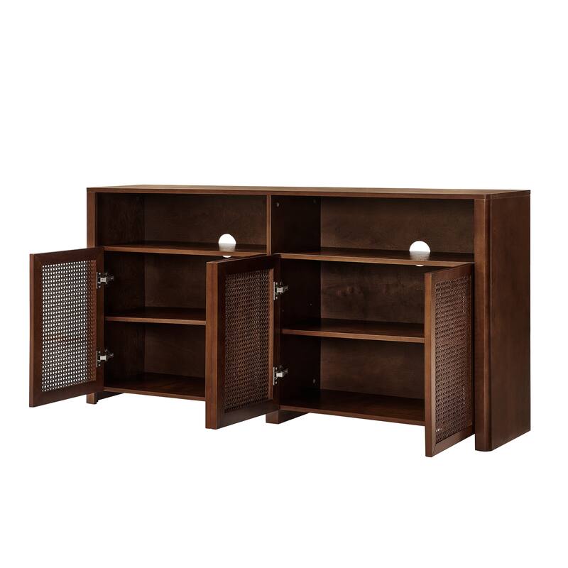 63" Rattan Sideboard Buffet Cabinet, Mid-Century Modern Credenza with Storage, Retro Coffee Bar & Wine Bar for Kitchen