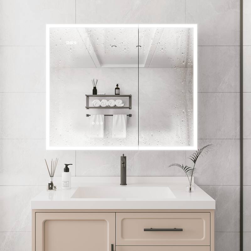 LED Bathroom Medicine Cabinet with Mirror, Double Door Lighted Medicine Cabinet with Defogger, Adjustable Brightness