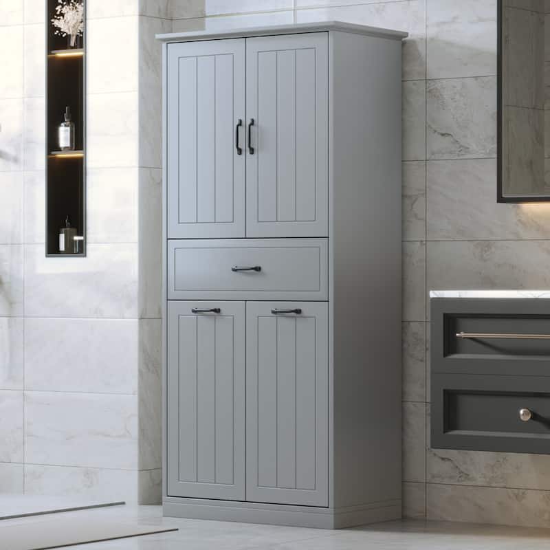 Roomfitters Bathroom Storage Cabinet with Double Laundry Hampers, Doors and Drawer Organizer