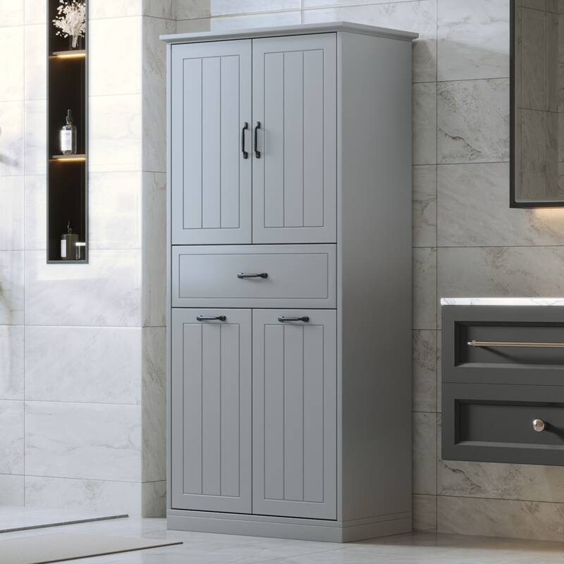 Tall Laundry Floor Cabinet with Removable Baskets, Waterproof Bathroom Storage Cabinet with Adjustable Shelf & Drawer