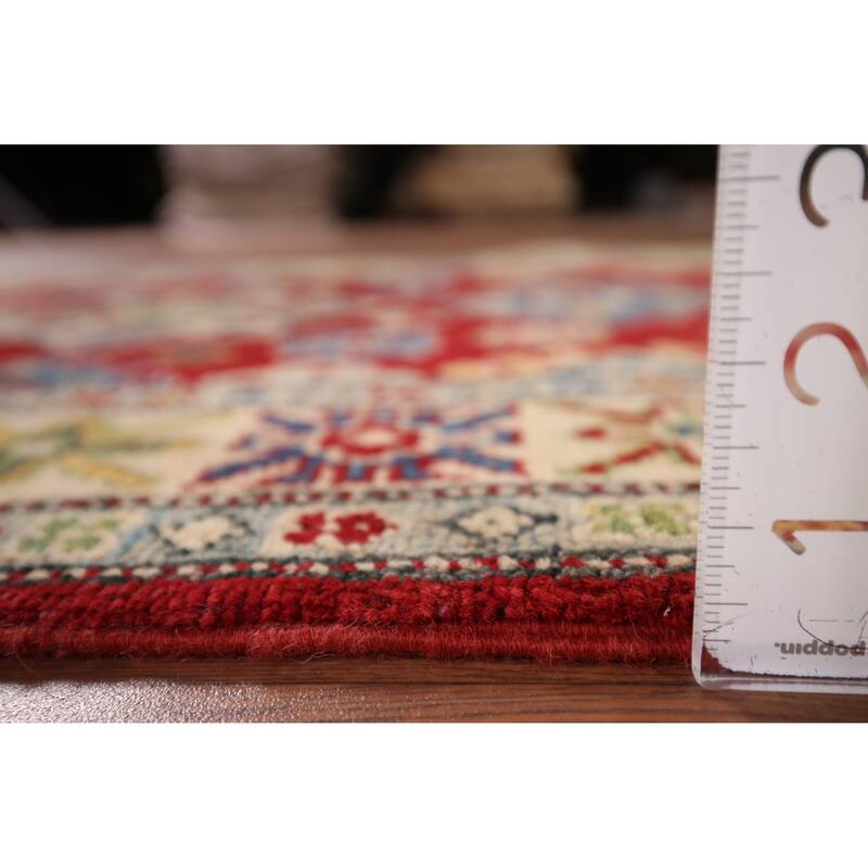 Red Traditional Geometric Kazak Accent Rug Hand-Knotted Wool Carpet - 3'1" x 5'0"