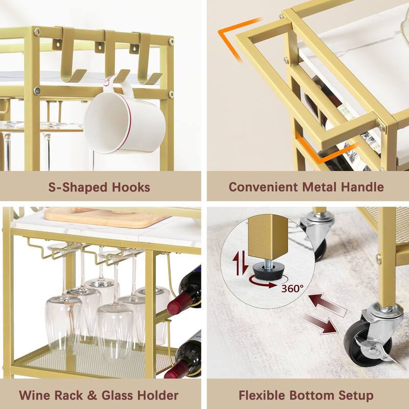 3-Tier Home Bar Serving Cart with Handle, Wine Rack, and Glass Holders