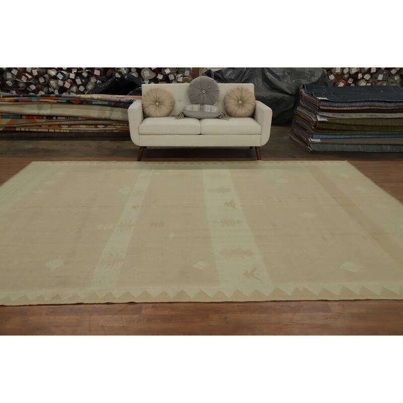 Hand Woven Oriental 100% Wool Carpet Southwestern Tribal Beige & Ivories Kilim Area Rug - 12' 0'' X 8' 9''