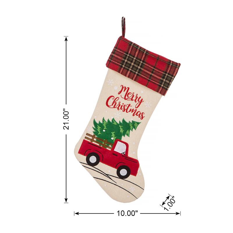 Glitzhome 21"L Embroidered Linen Red Truck Dachshund Christmas Stocking