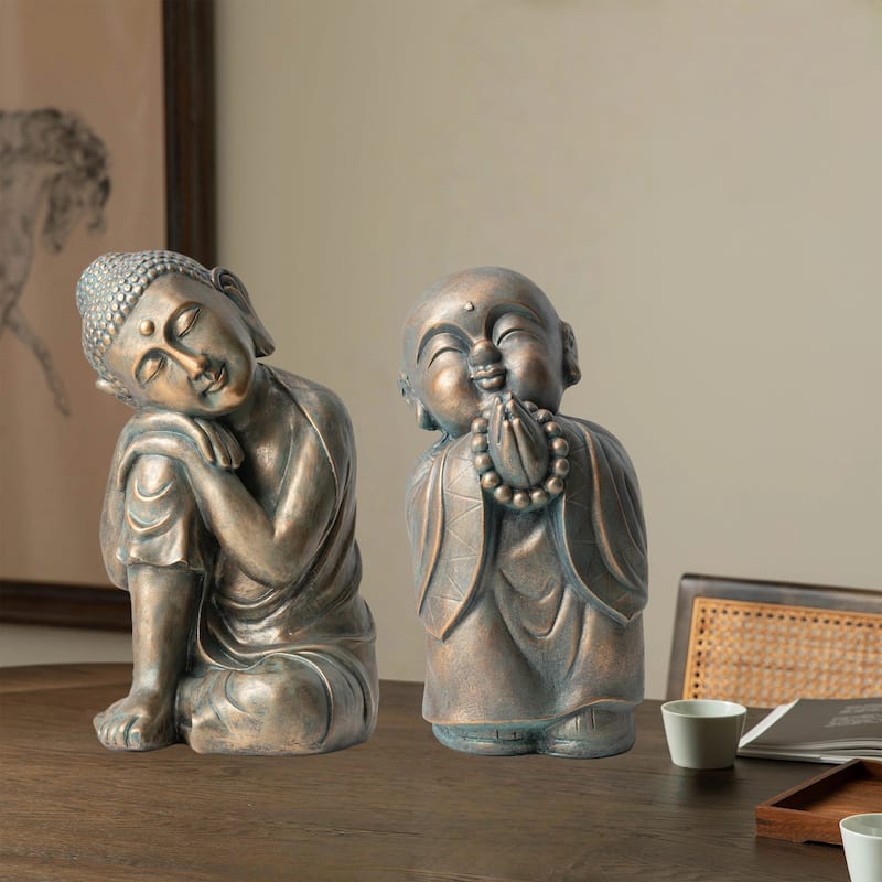 Glitzhome MGO Faux Bronze Buddha Garden Statue Monk Sculpture Indoor Outdoor Decor Fall Gifts