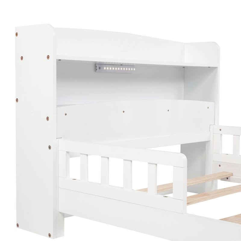 Twin Size Pine Bed w/ Bookcase Headboard ,LED Sensor Light, Guardrails