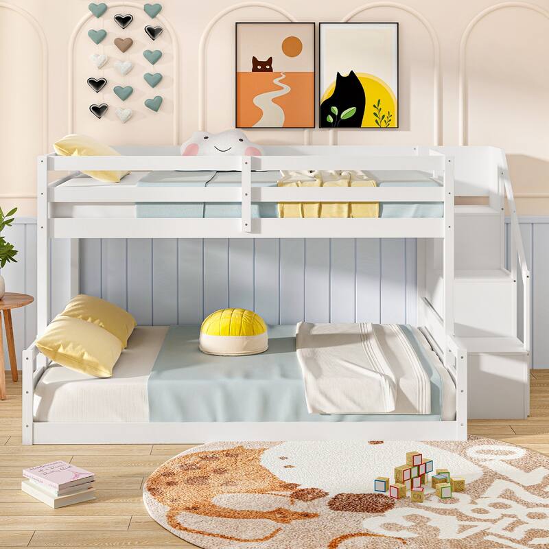 Solid Wood Twin Over Full Low Bunk Bed with Storage Stairs