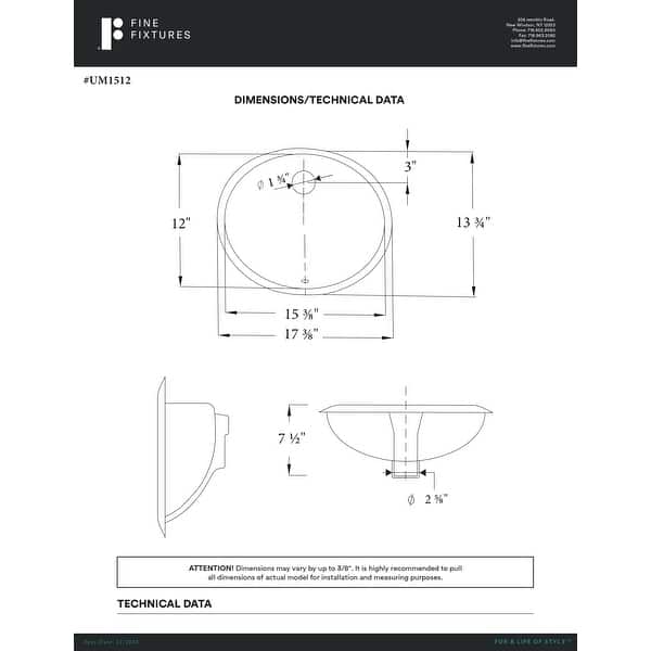 Fine Fixtures White Oval Ceramic Undermount Sink - 15" x 12" - 15" x 12"