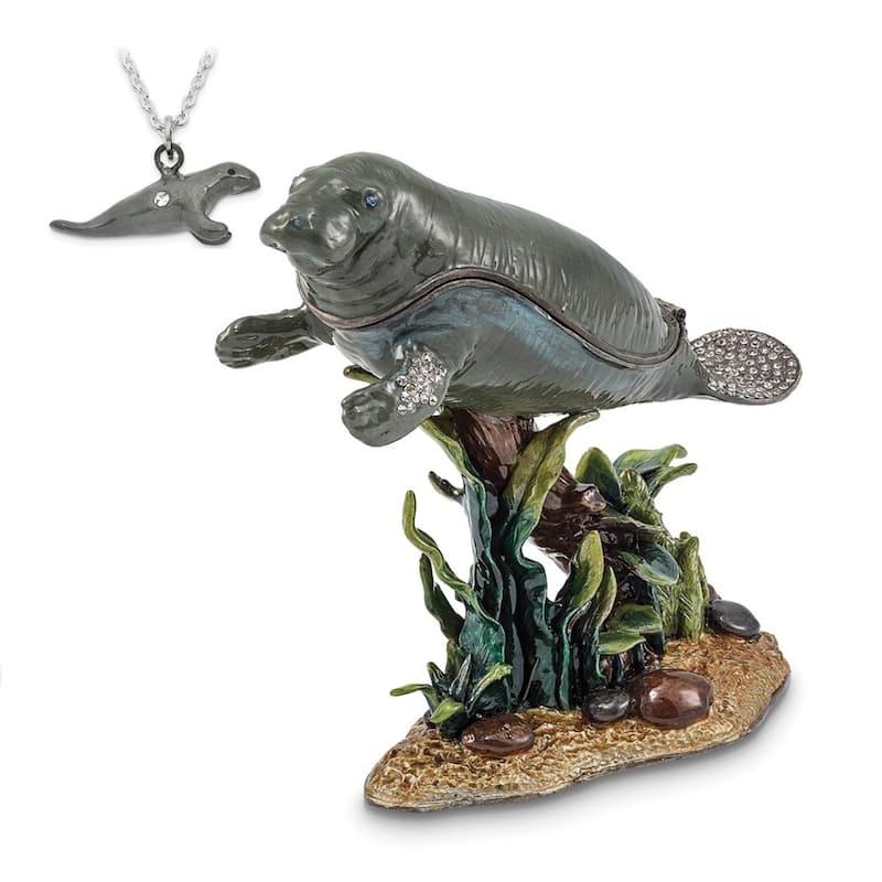 Curata Pewter Crystals Pewter-Tone Enameled Manny Manatee W/Seaweed Trinket Box on 18 Inch Necklace