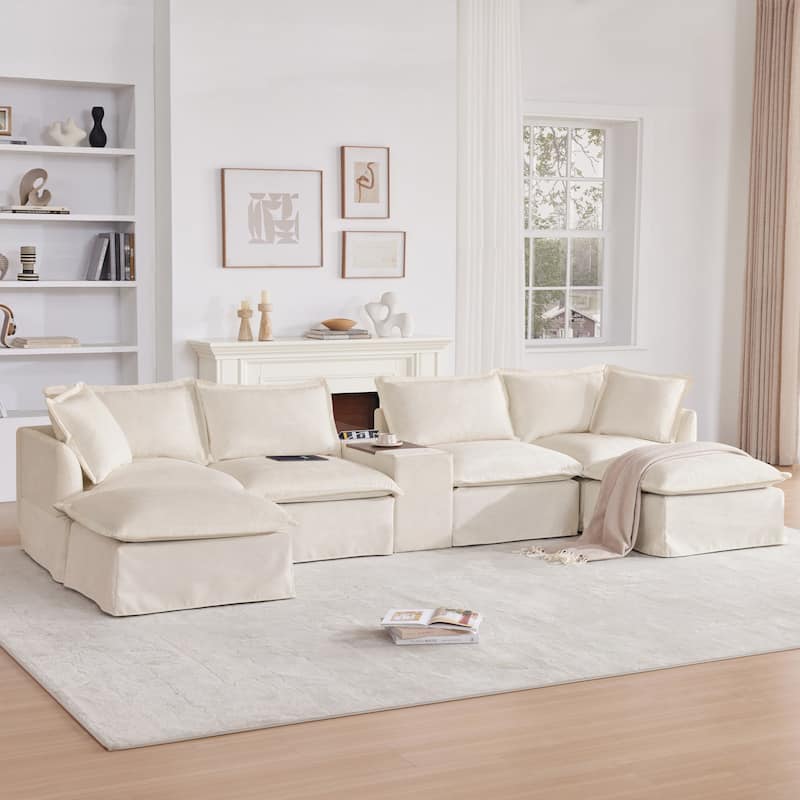 131" & 142" U-Shaped Modular Sectional Sofa - 6-Seat Chenille Couch with Ottoman, USB Charger, Cup Holder, Wide Seat, 2 Sizes