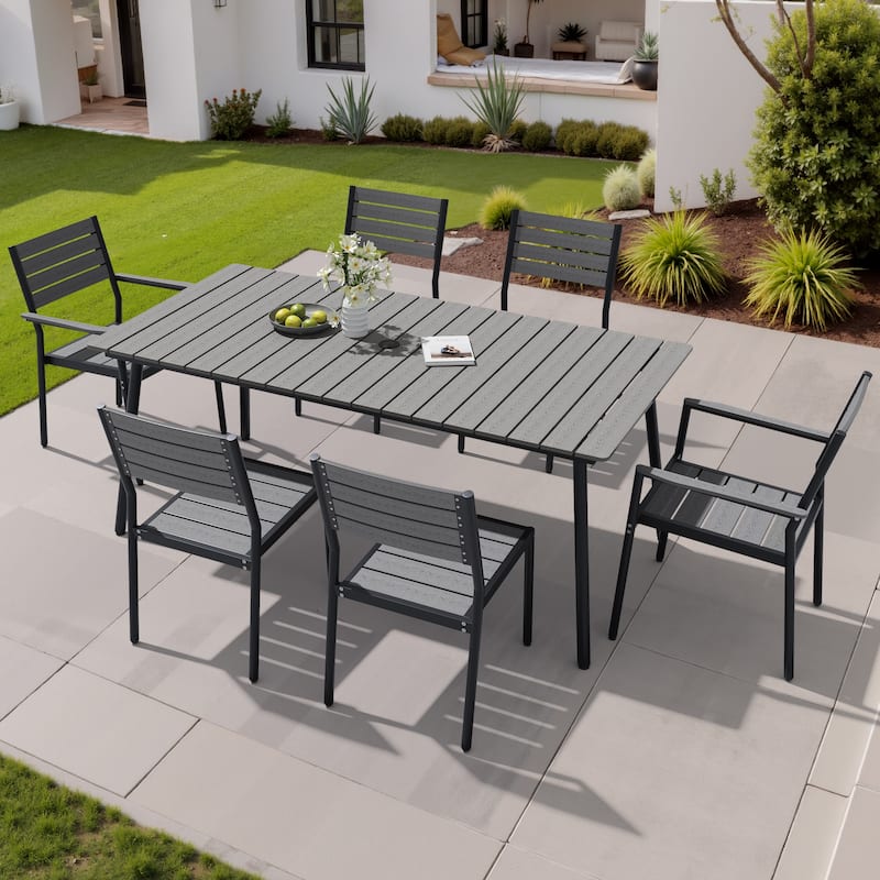 VredHom 7/9-Piece Outdoor Patio Aluminum Dining Table with Stackable Chairs Umbrella Hole
