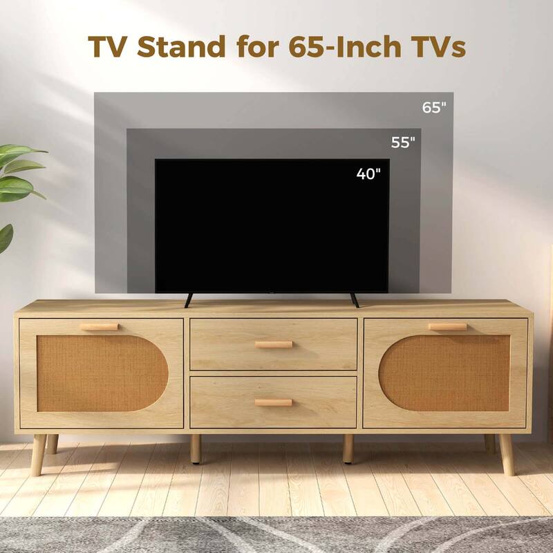 Costway Rattan TV Stand for 65-Inch TV 59" TV Console Cabinet Boho - 59" x 16" x 20" (L x W x H)