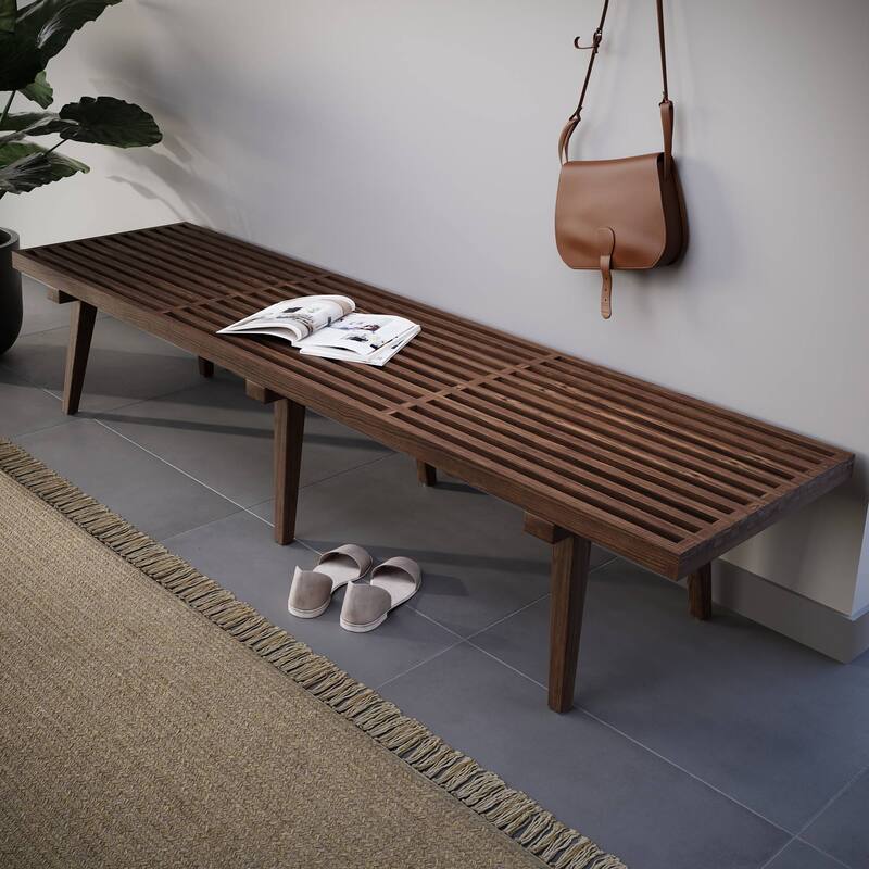 Inwood Solid Wood Entryway Bench with Slatted Seat, Rubberwood Frame, Beech Legs, Indoor Shoe Rack & Storage, Stained Finish