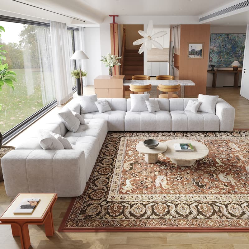 144'' W Extra Large Linen Corner Sectional Sofa Couch for Living Room Set - White