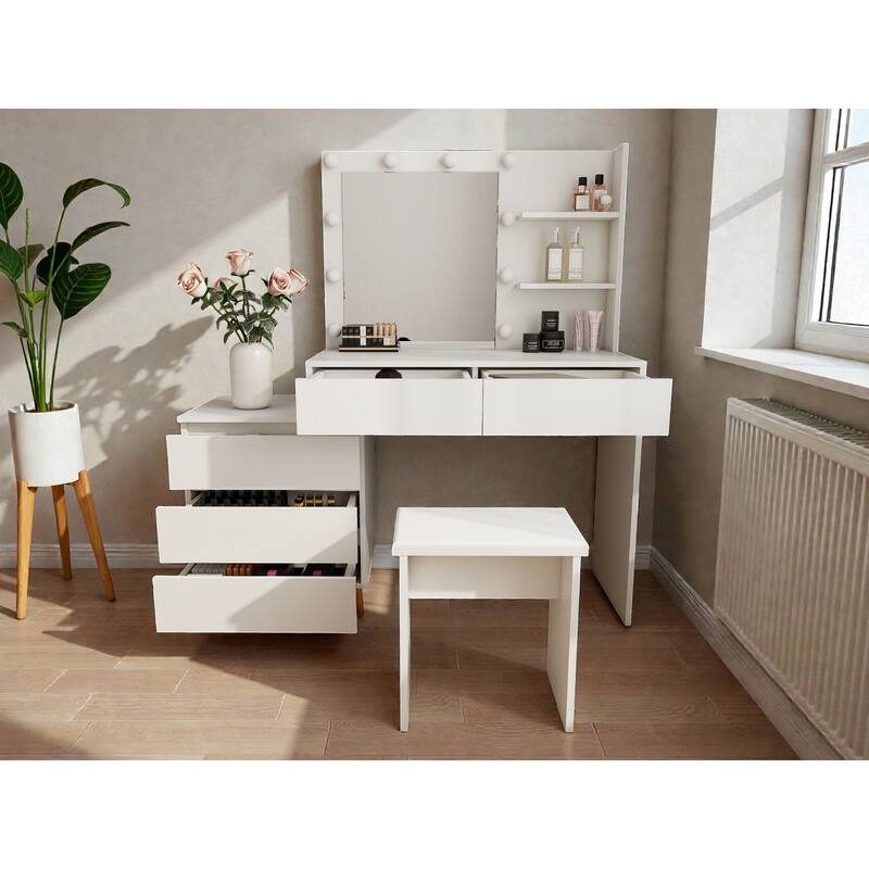 White LED Lighted Makeup Vanity Table with Mirror, Storage Drawers, Organizers & Stool, Modern Beauty Station for Small Rooms