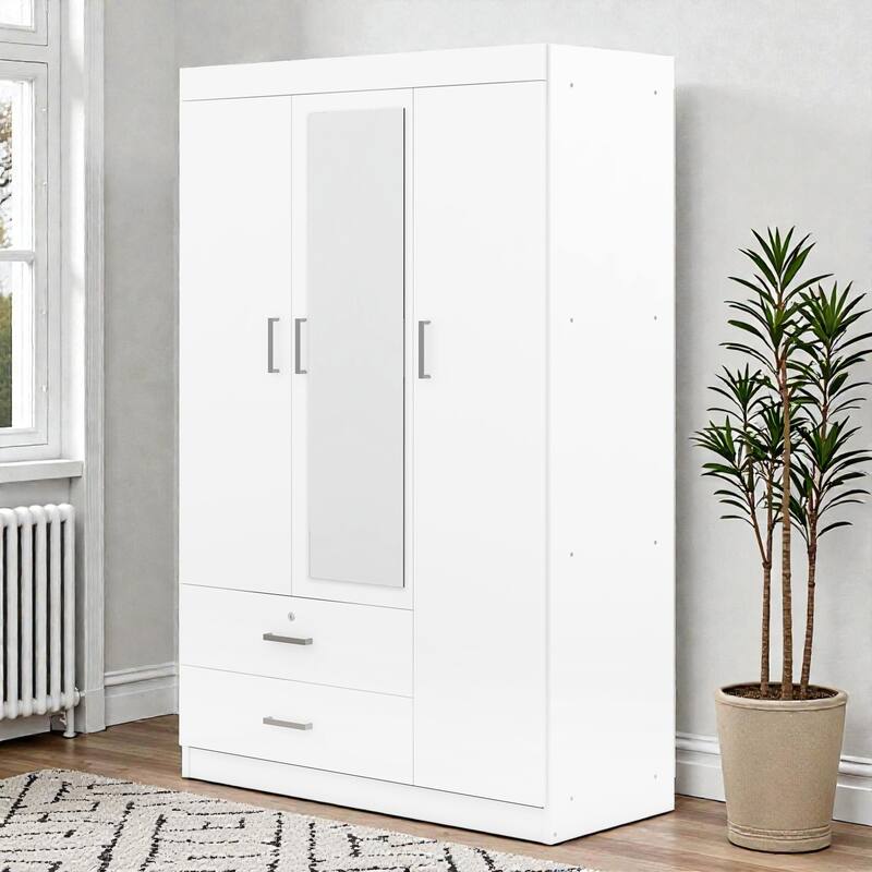 3 Door Wardrobe with Mirror and Shelves, MDF Bedroom Armoire with Lockable Drawer and Storage Drawers