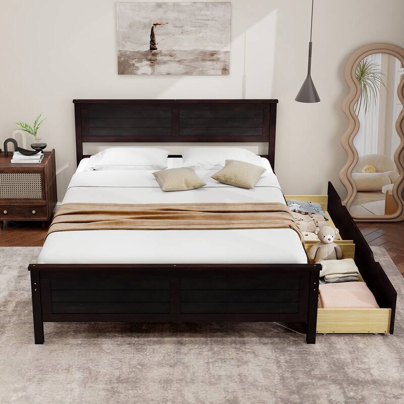 Gymax Full Size Wooden Bed Frame with 2 Storage Drawers & Under-bed