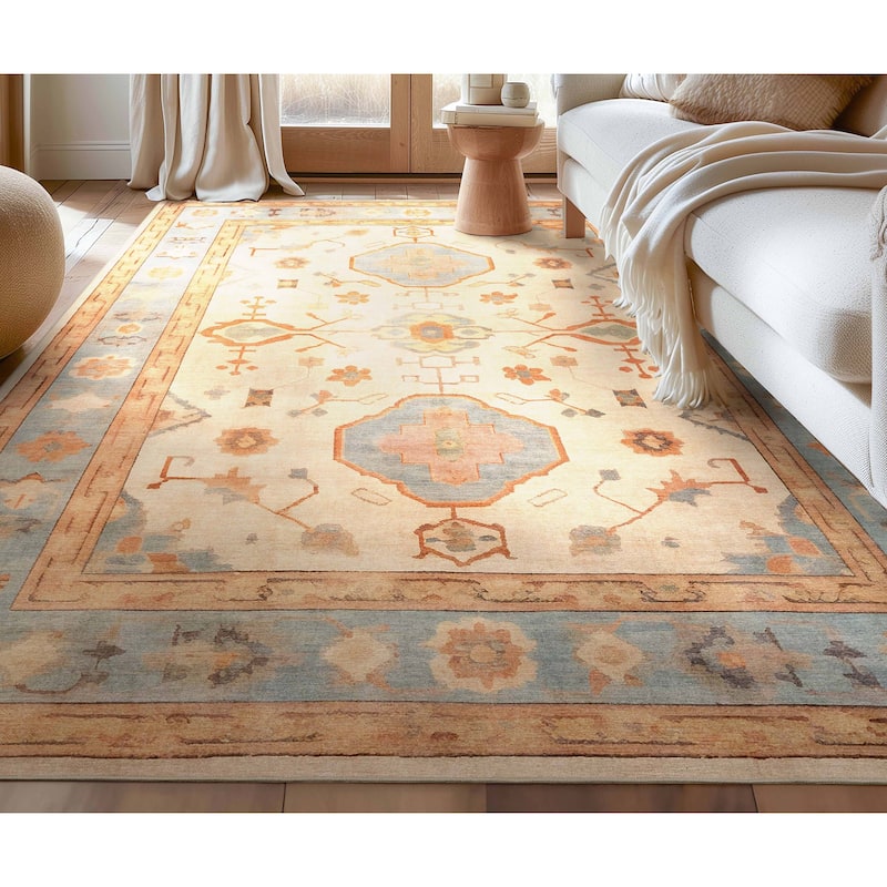 Well Woven Ushak Fethiye Vintage Medallion Pastel Flat-Weave Area Rug - 9'10" x 13' - Beige