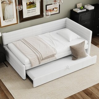 Twin Size Daybed Upholstered Platform Bed L-shaped Daybed with Horizontal Stripe Backrest and Trundle, Box Spring Not Required
