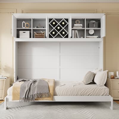 White Queen Murphy Bed with Top Storage Cabinets, Wine Rack, and Easy Fold Mechanism