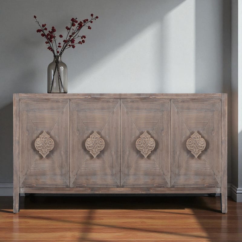 59.8" Antique 4-Door Sideboard Buffet Cabinet with Carved Flower Handles, Pine Veneer Storage Console for Living Room - Antique Brown